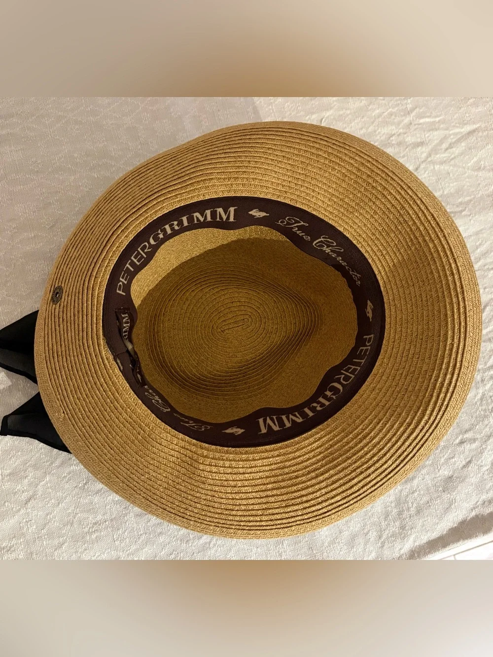 Peter Grimm Tan Straw Sun Hat with Black Ribbon Bow Accent